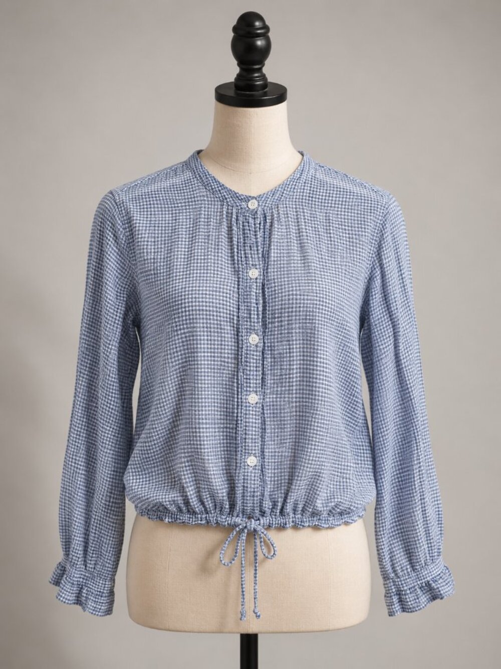 Theory Women's S Blue White Gingham Cotton Drawstring Blouse Preppy Resort